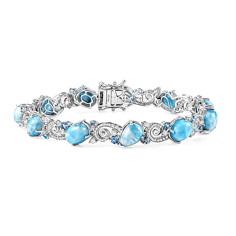 D'Joy AAA Larimar and Multi Gemstone 28.40 ctw Tidal Symphony Bracelet in Rhodium Over Sterling Silver (8.00 In)
