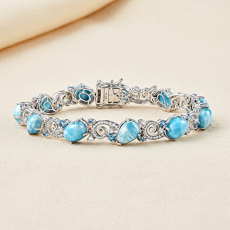D'Joy AAA Larimar and Multi Gemstone 28.40 ctw Tidal Symphony Bracelet in Rhodium Over Sterling Silver (8.00 In)