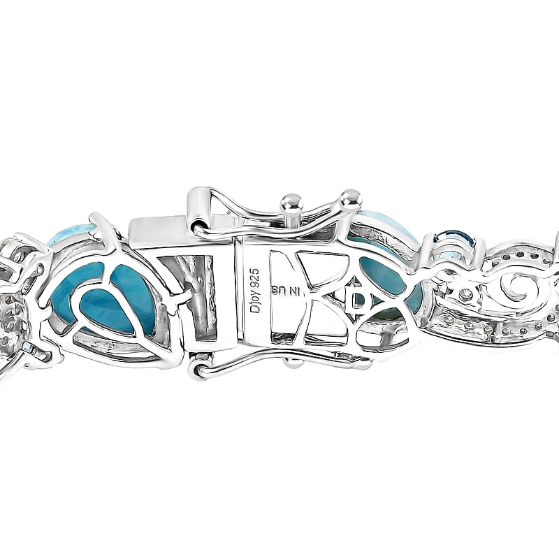 D'Joy AAA Larimar and Multi Gemstone 28.40 ctw Tidal Symphony Bracelet in Rhodium Over Sterling Silver (8.00 In)