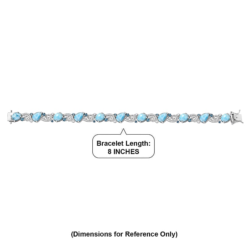 D'Joy AAA Larimar and Multi Gemstone 28.40 ctw Tidal Symphony Bracelet in Rhodium Over Sterling Silver (8.00 In)