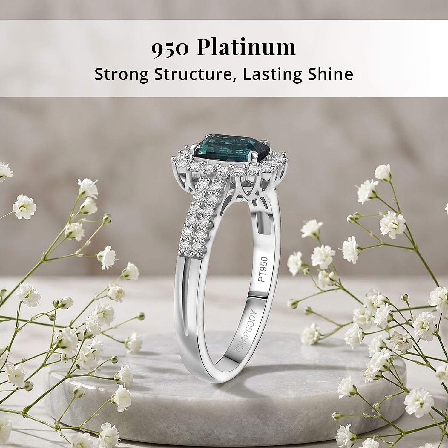 Certified and Appraised Rhapsody AAAA Monte Belo Indicolite and Diamond E-F VS 1.54 ctw Ring in 950 Platinum (Size 9.0) 5.55 Grams