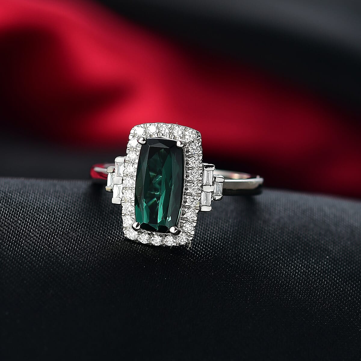 Certified & Appraised Rhapsody AAAA Monte Belo Indicolite and Diamond E-F VS 1.67 ctw Ring in 950 Platinum (Size 8.0) 6.43 Grams image number 1