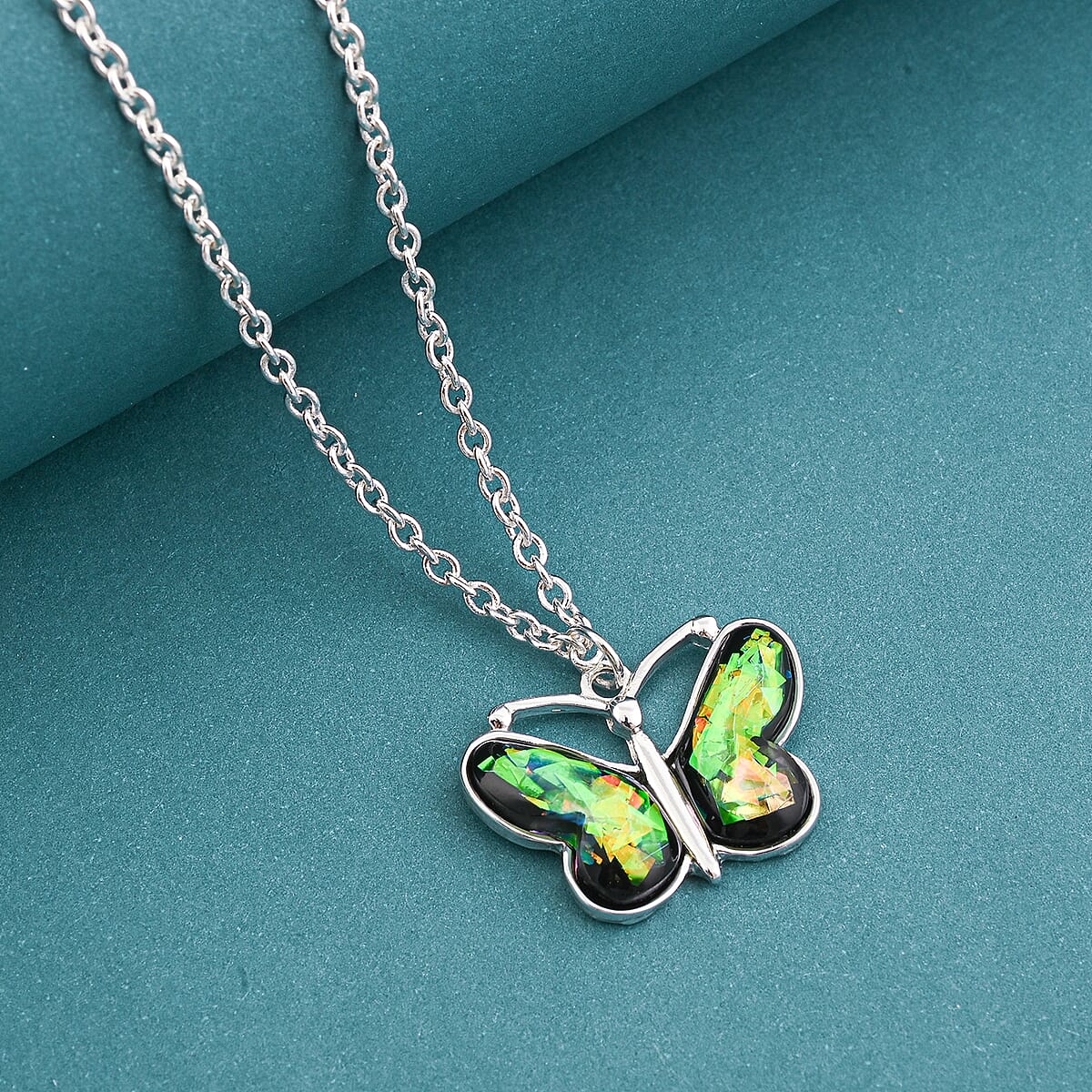 Opal 12.00 ctw Butterfly Necklace in Silvertone 16-18 Inches image number 1