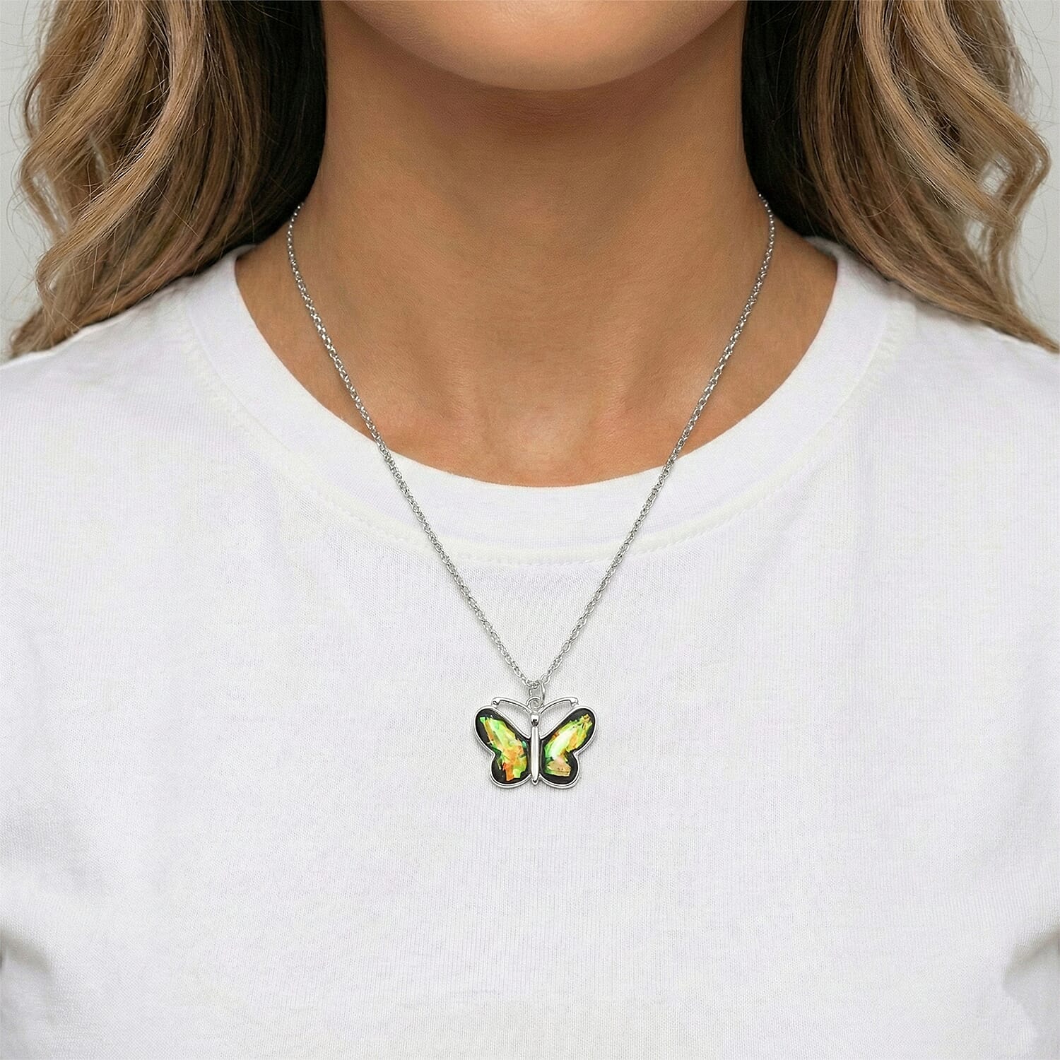Opal 12.00 ctw Butterfly Necklace in Silvertone 16-18 Inches