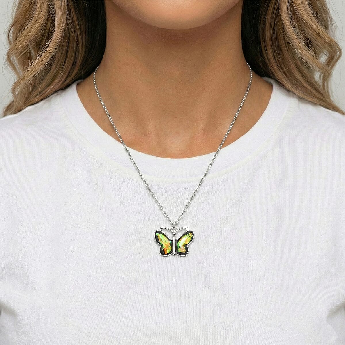Opal 12.00 ctw Butterfly Necklace in Silvertone 16-18 Inches image number 2