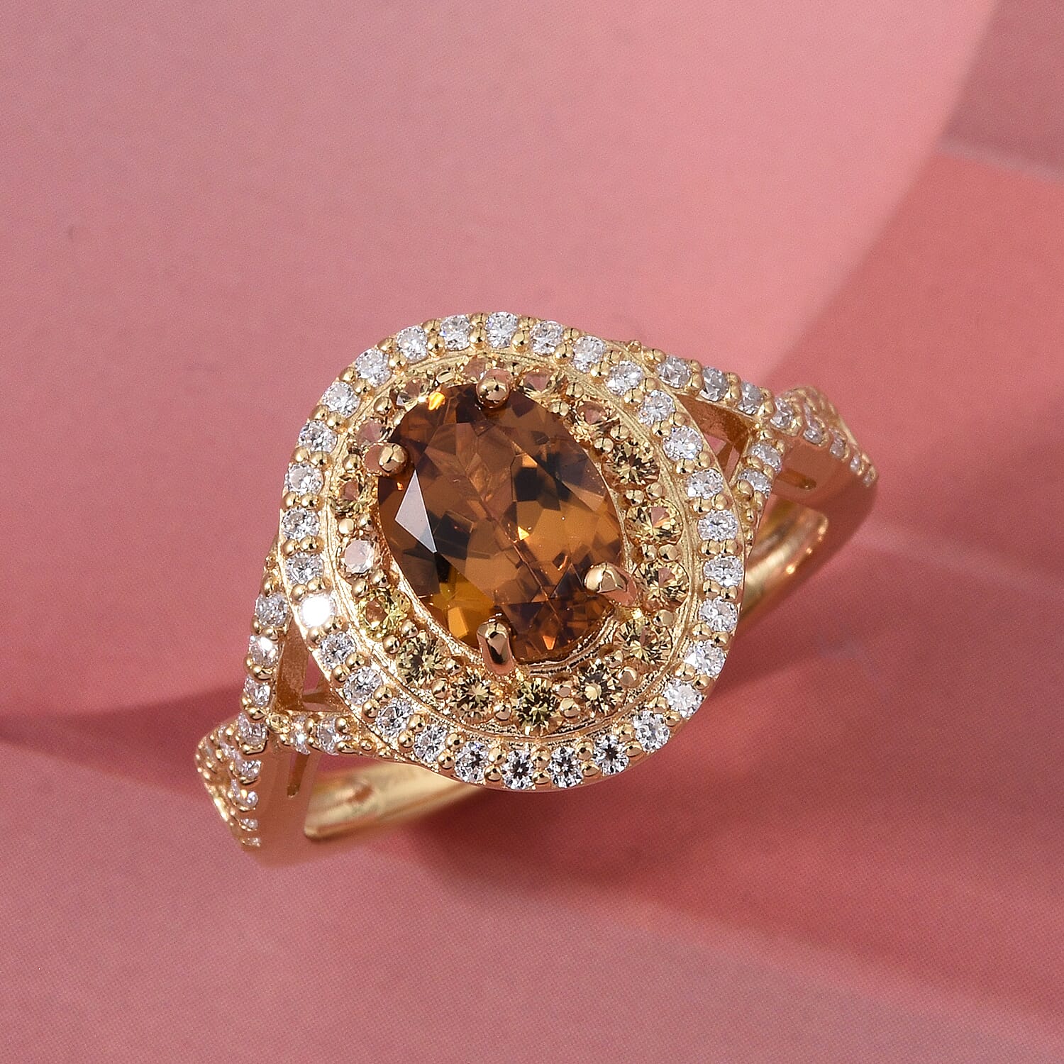 D'Joy Premium Golden Turkizite and Multi Gemstone 2.20 ctw Radiant Halo Ring in 18K Vermeil Yellow Gold Over Sterling Silver (Size 6.0)