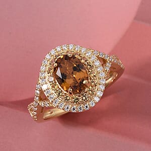 D'Joy Premium Golden Turkizite and Multi Gemstone 2.20 ctw Radiant Halo Ring in 18K Vermeil Yellow Gold Over Sterling Silver (Size 6.0)