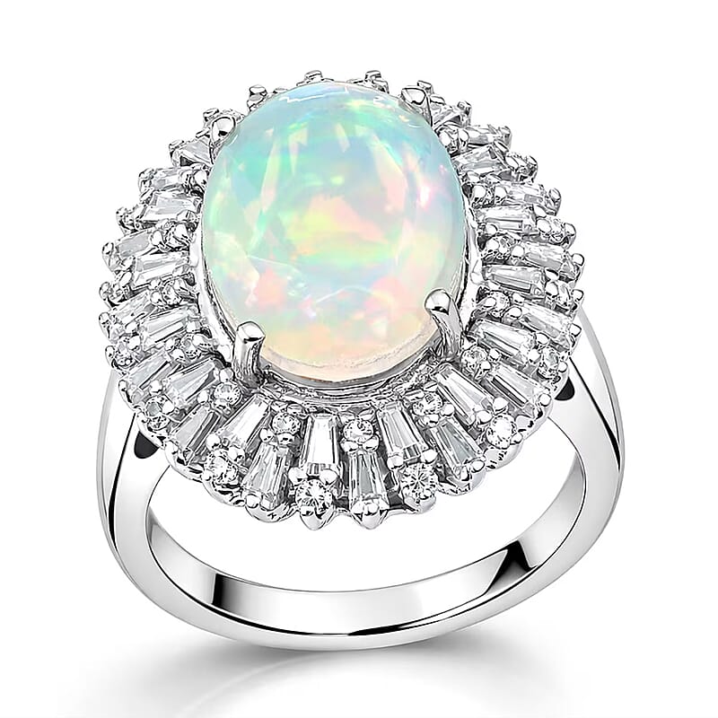 D'Joy Premium Ethiopian Welo Opal and Moissanite 4.90 ctw Moonlit Radiance Ring in Rhodium Over Sterling Silver (Size 10.0)