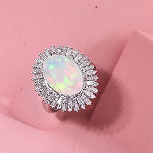 D'Joy Premium Ethiopian Welo Opal and Moissanite 4.90 ctw Moonlit Radiance Ring in Rhodium Over Sterling Silver (Size 10.0)