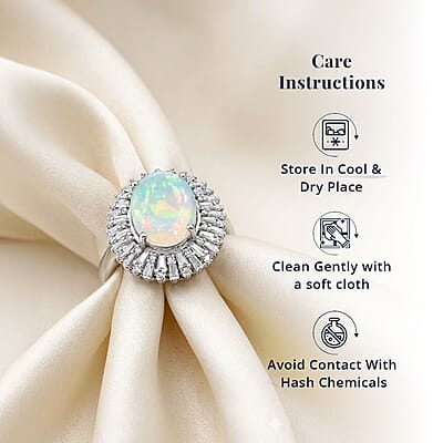 D'Joy Premium Ethiopian Welo Opal and Moissanite 4.90 ctw Moonlit Radiance Ring in Rhodium Over Sterling Silver (Size 10.0)