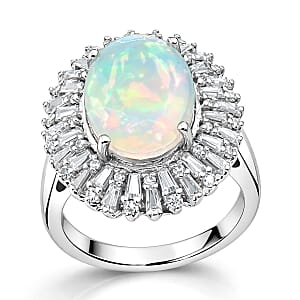 D'Joy Premium Ethiopian Welo Opal and Moissanite 4.90 ctw Moonlit Radiance Ring in Rhodium Over Sterling Silver (Size 7.0)