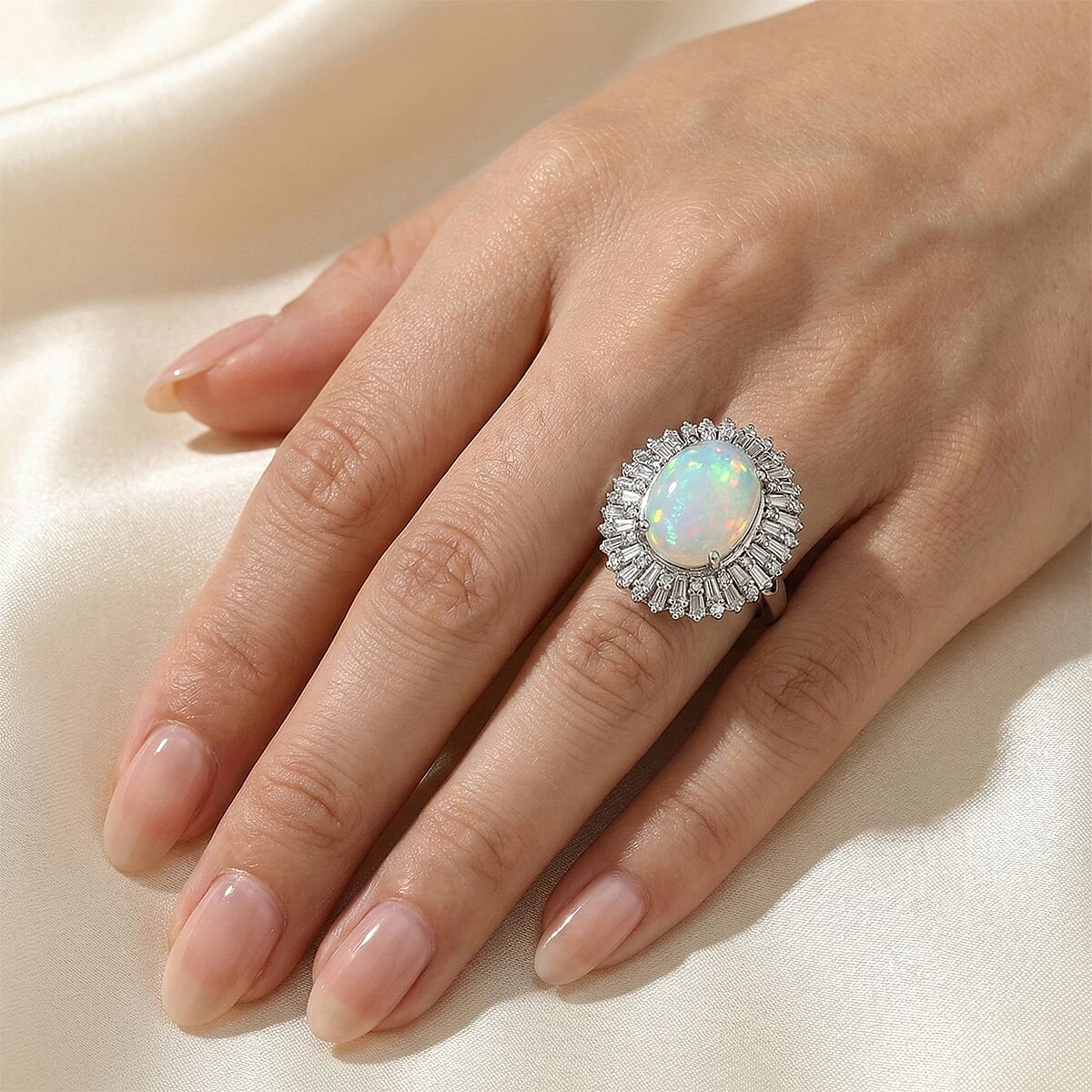 D'Joy Premium Ethiopian Welo Opal and Moissanite 4.90 ctw Moonlit Radiance Ring in Rhodium Over Sterling Silver (Size 7.0) image number 2