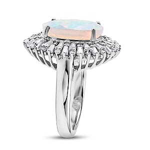 D'Joy Premium Ethiopian Welo Opal and Moissanite 4.90 ctw Moonlit Radiance Ring in Rhodium Over Sterling Silver (Size 7.0)