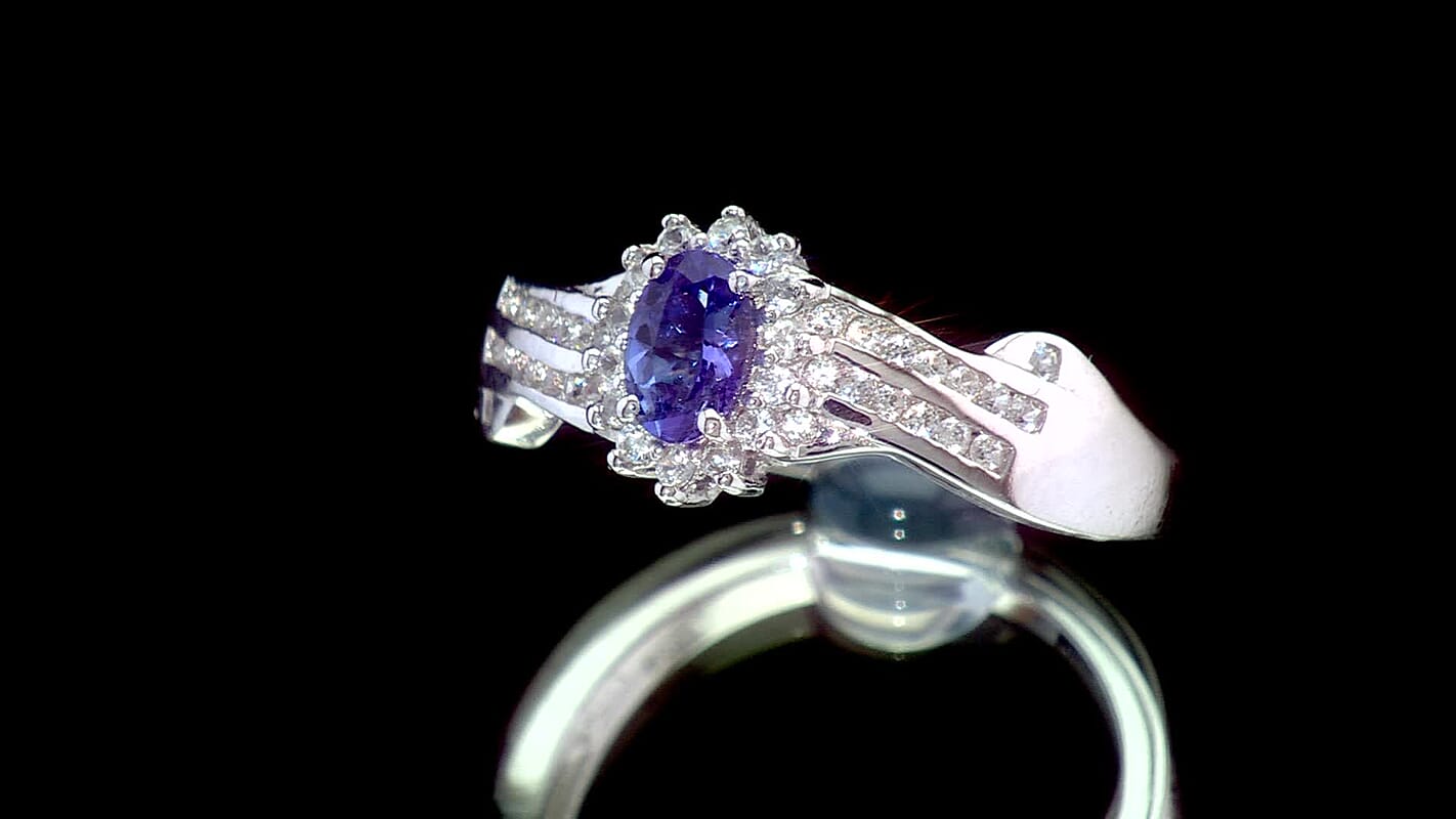 D'Joy AAA Tanzanite, White Zircon Ring in Rhodium Over Sterling Silver (Size 10.0) 1.00 ctw