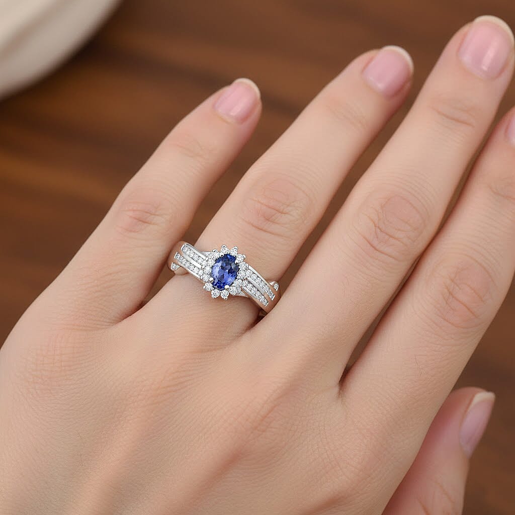D'Joy AAA Tanzanite and White Zircon 1.00 ctw Grace Halo Ring in Rhodium Over Sterling Silver (Size 5.0)