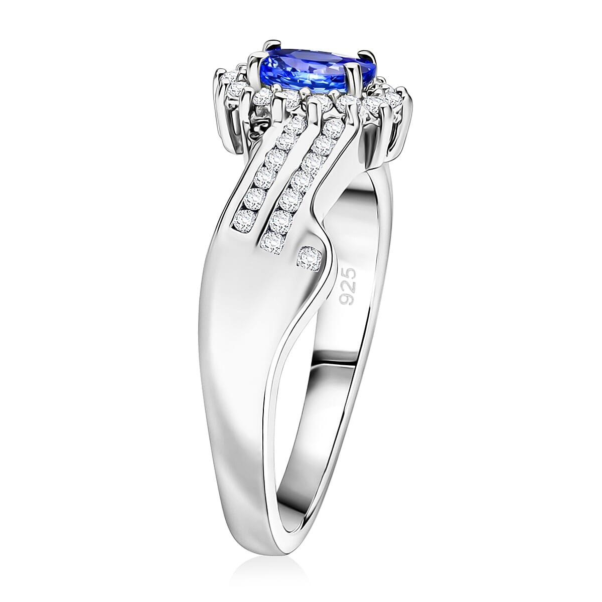 D'Joy AAA Tanzanite and White Zircon 1.00 ctw Grace Halo Ring in Rhodium Over Sterling Silver (Size 5.0)
