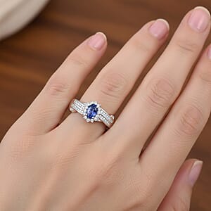 D'Joy AAA Tanzanite and White Zircon 1.00 ctw Grace Halo Ring in Rhodium Over Sterling Silver (Size 6.0)