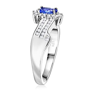 D'Joy AAA Tanzanite and White Zircon 1.00 ctw Grace Halo Ring in Rhodium Over Sterling Silver (Size 7.0)