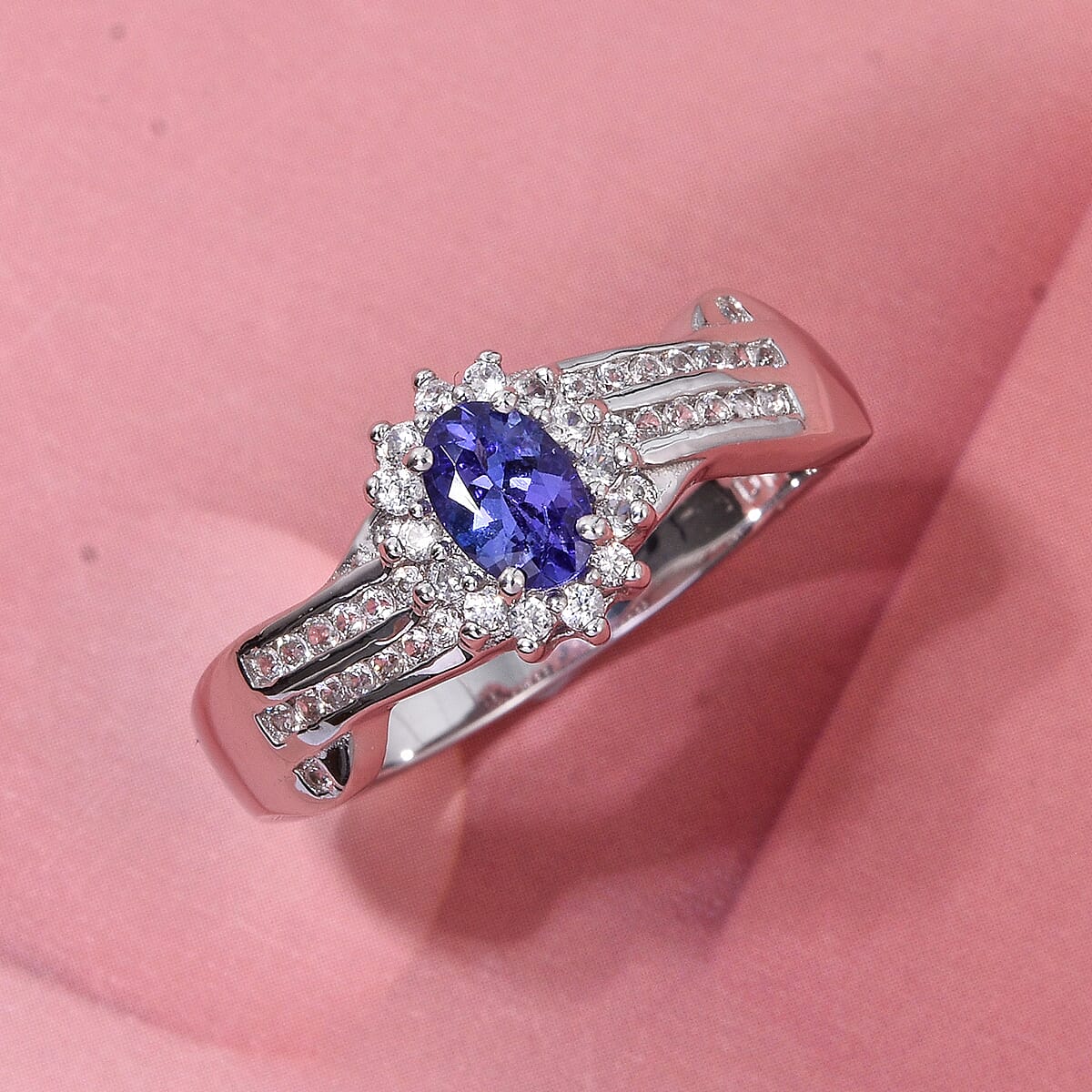 D'Joy AAA Tanzanite and White Zircon 1.00 ctw Grace Halo Ring in Rhodium Over Sterling Silver (Size 9.0) image number 1