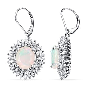 D'Joy Premium Ethiopian Welo Opal and Moissanite 6.70 ctw Moonlit Radiance Earrings in Rhodium Over Sterling Silver