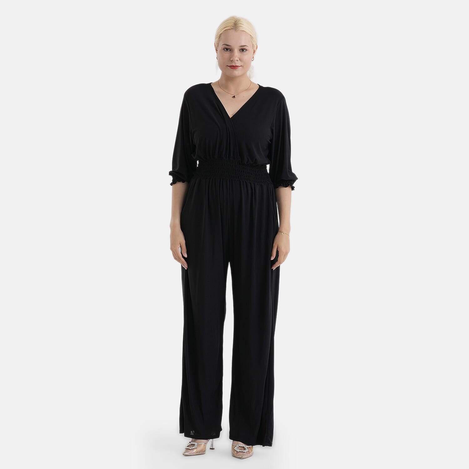 La Marey Black Smocked Waist Jumpsuit with 3/4 Length Sleeve - One Size Missy