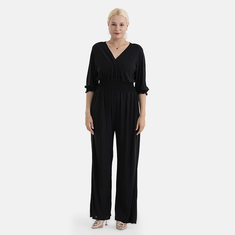 La Marey Black Smocked Waist Jumpsuit with 3/4 Length Sleeve - One Size Missy