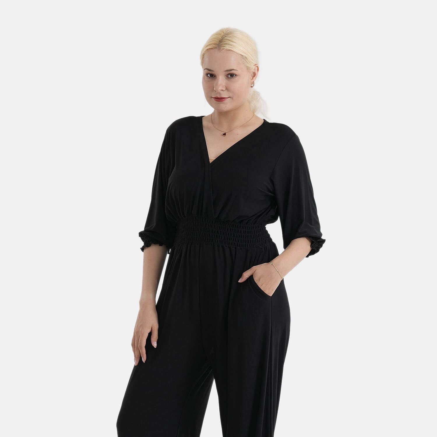 La Marey Black Smocked Waist Jumpsuit with 3/4 Length Sleeve - One Size Missy
