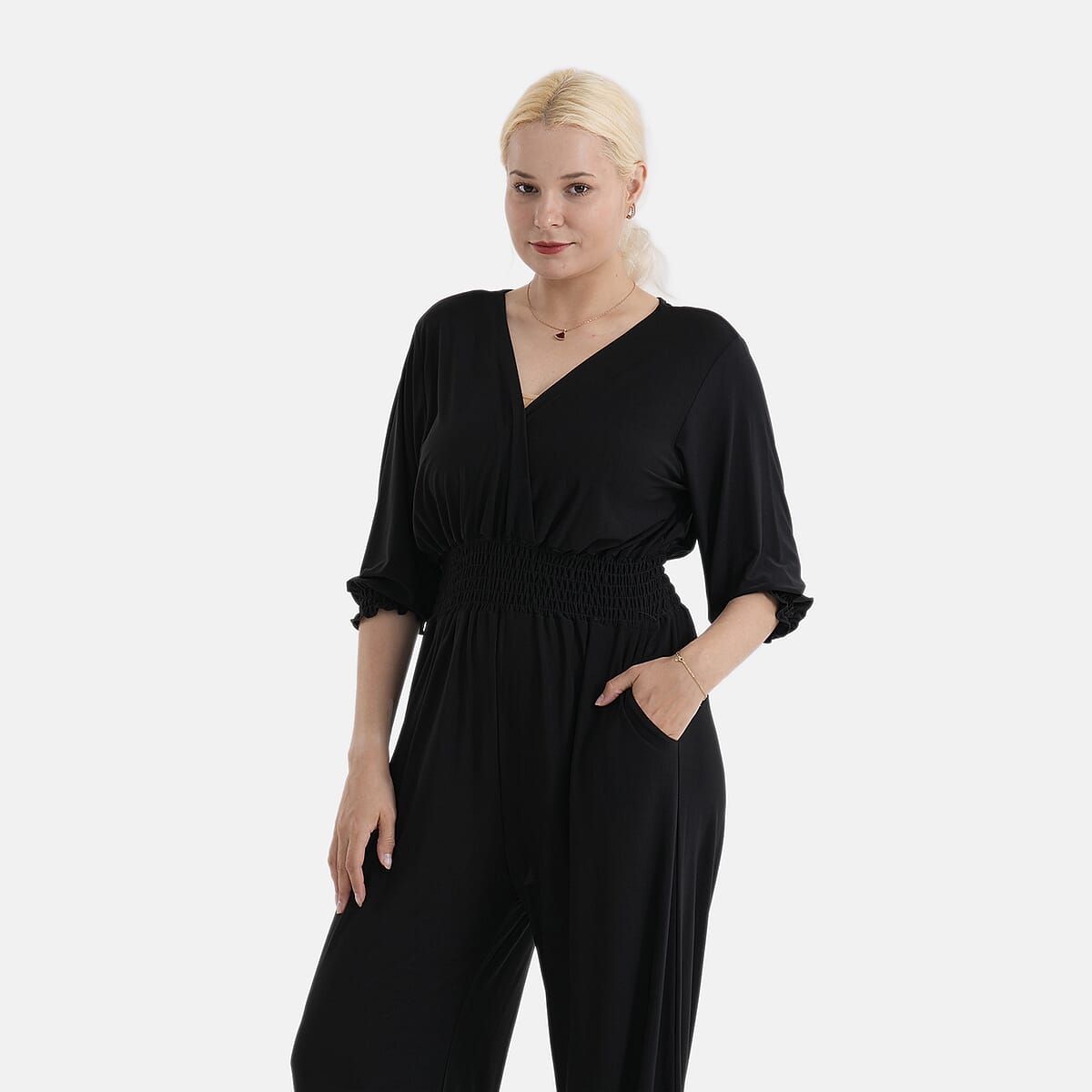La Marey Black Smocked Waist Jumpsuit with 3/4 Length Sleeve - One Size Missy image number 5