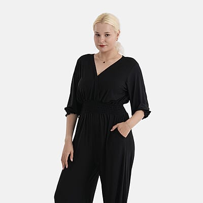 La Marey Black Smocked Waist Jumpsuit with 3/4 Length Sleeve - One Size Missy