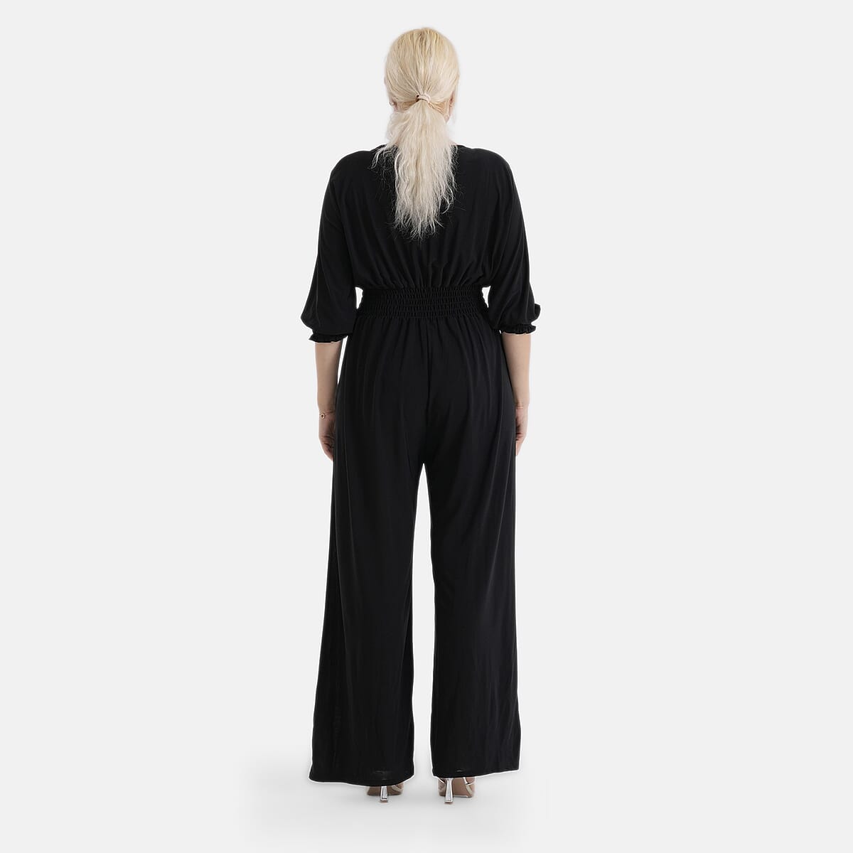 La Marey Black Smocked Waist Jumpsuit with 3/4 Length Sleeve - One Size Plus image number 2