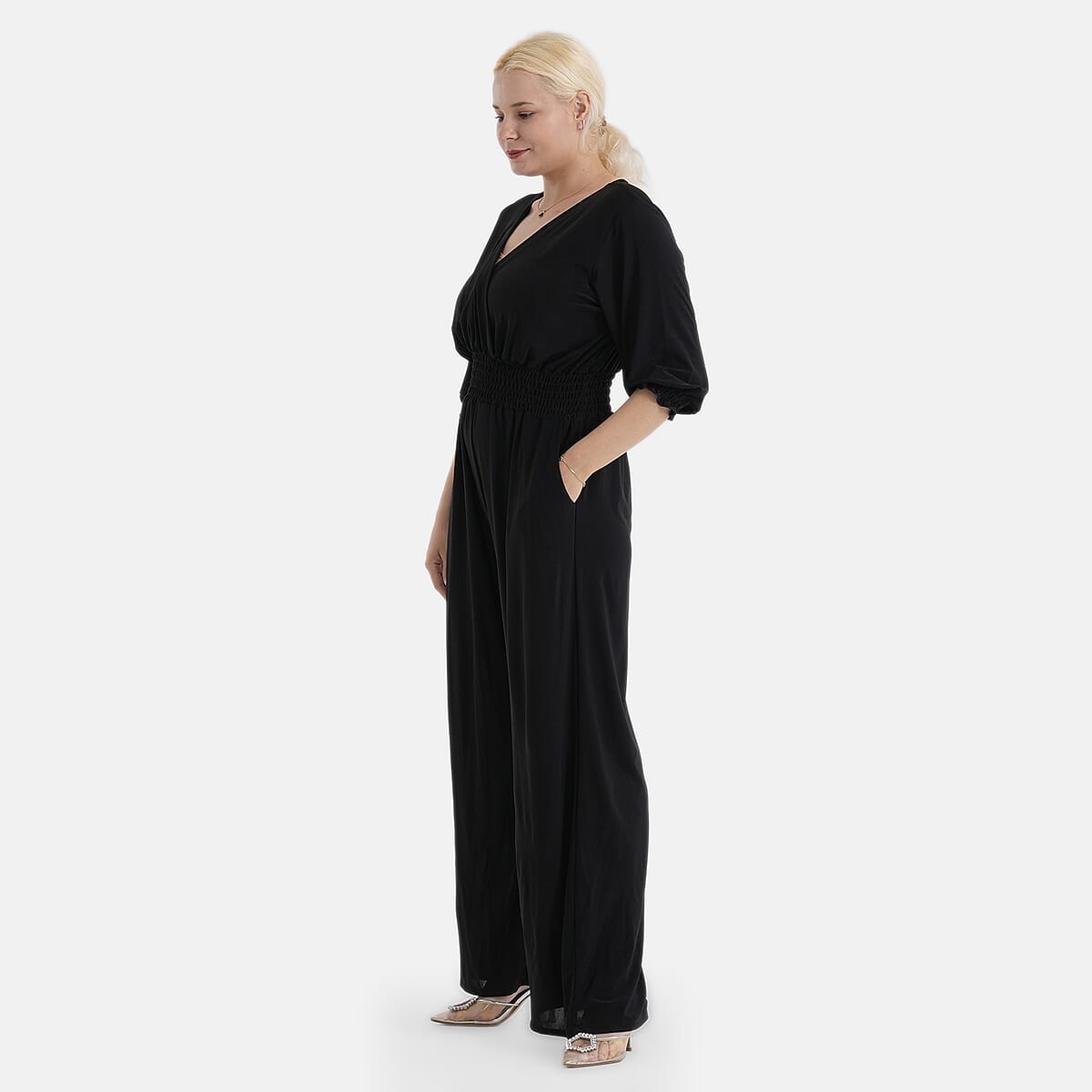La Marey Black Smocked Waist Jumpsuit with 3/4 Length Sleeve - One Size Plus image number 3