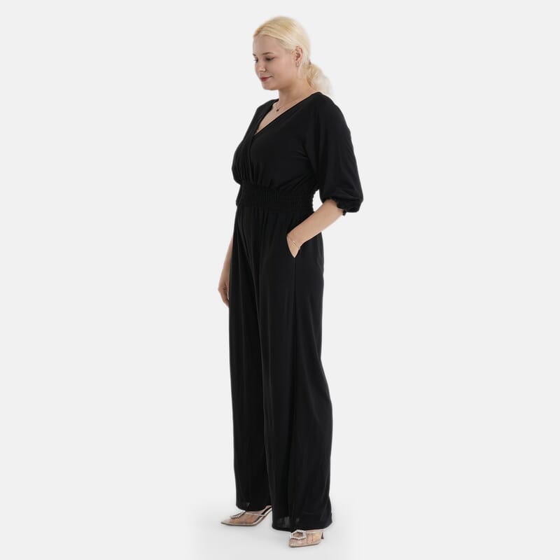 La Marey Black Smocked Waist Jumpsuit with 3/4 Length Sleeve - One Size Plus