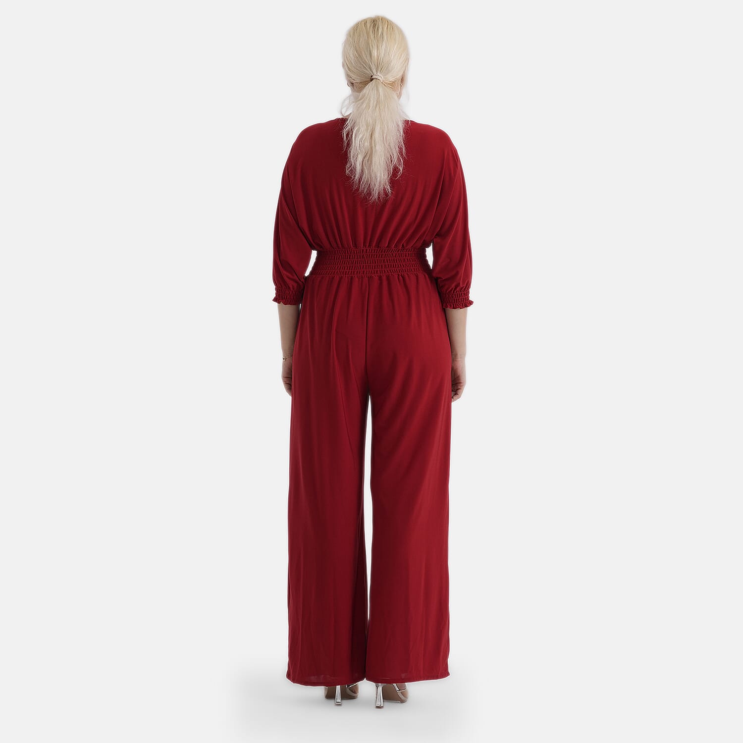 La Marey Red Smocked Waist Jumpsuit with 3/4 Length Sleeve - One Size Missy