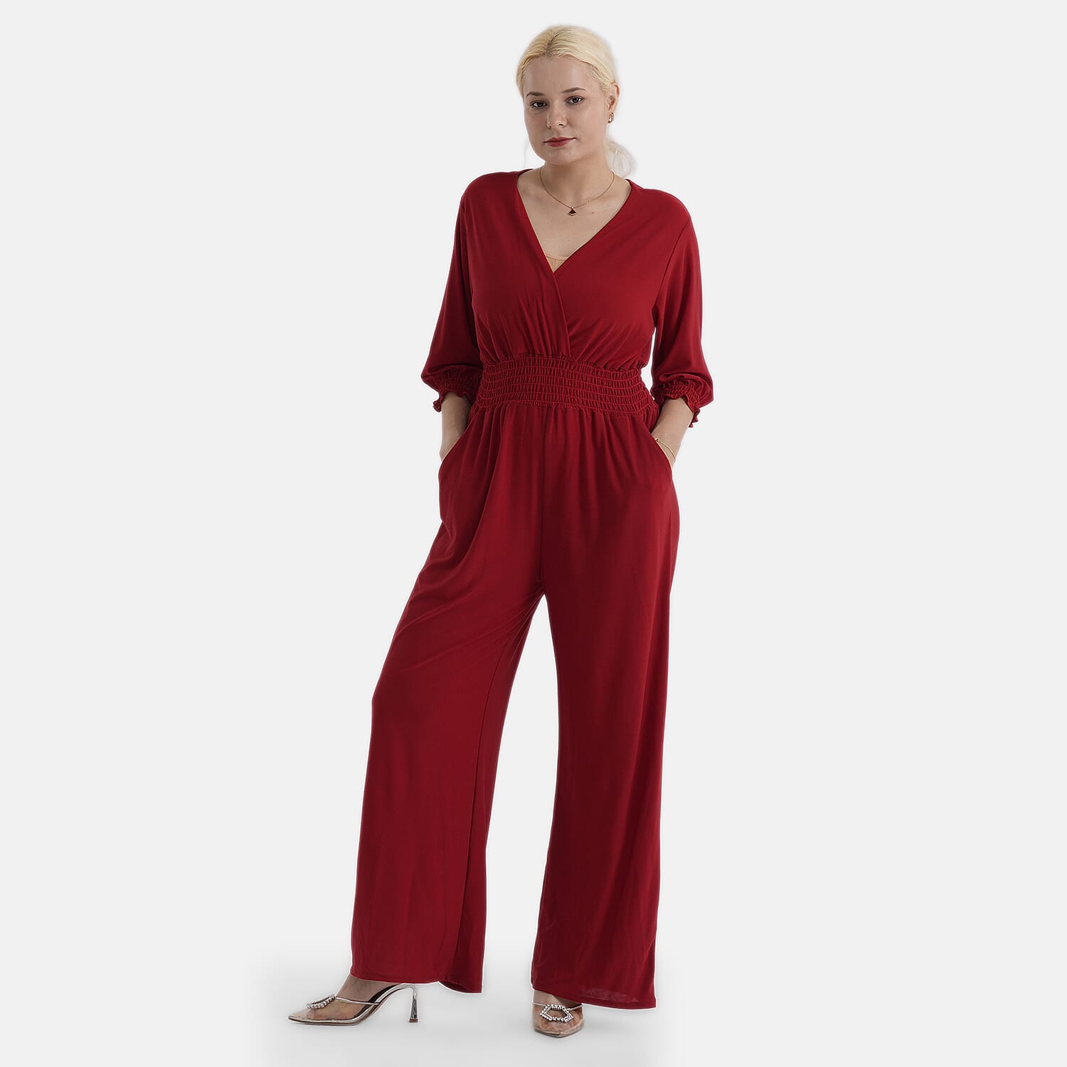 La Marey Red Smocked Waist Jumpsuit with 3/4 Length Sleeve - One Size Missy