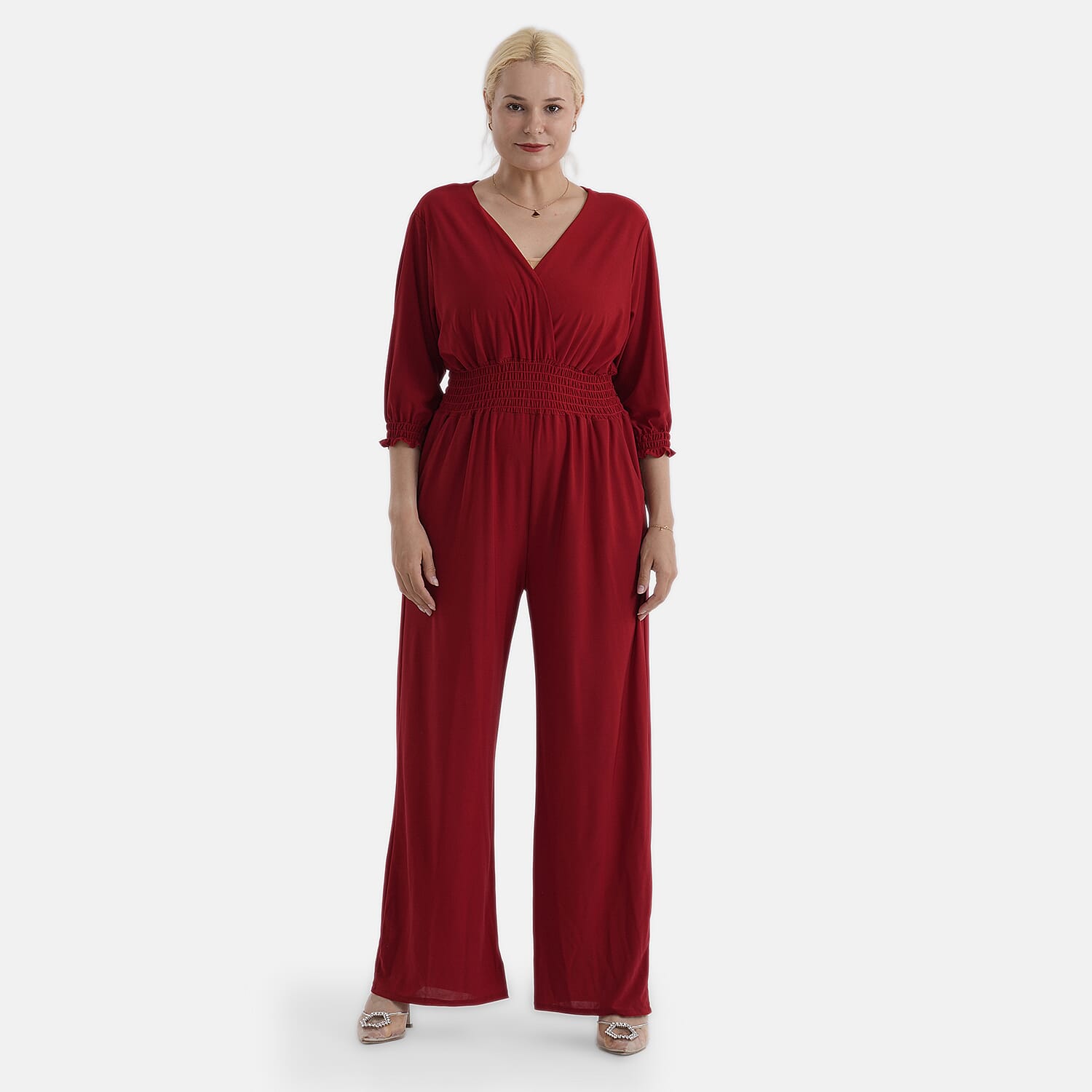 La Marey Red Smocked Waist Jumpsuit with 3/4 Length Sleeve - One Size Plus