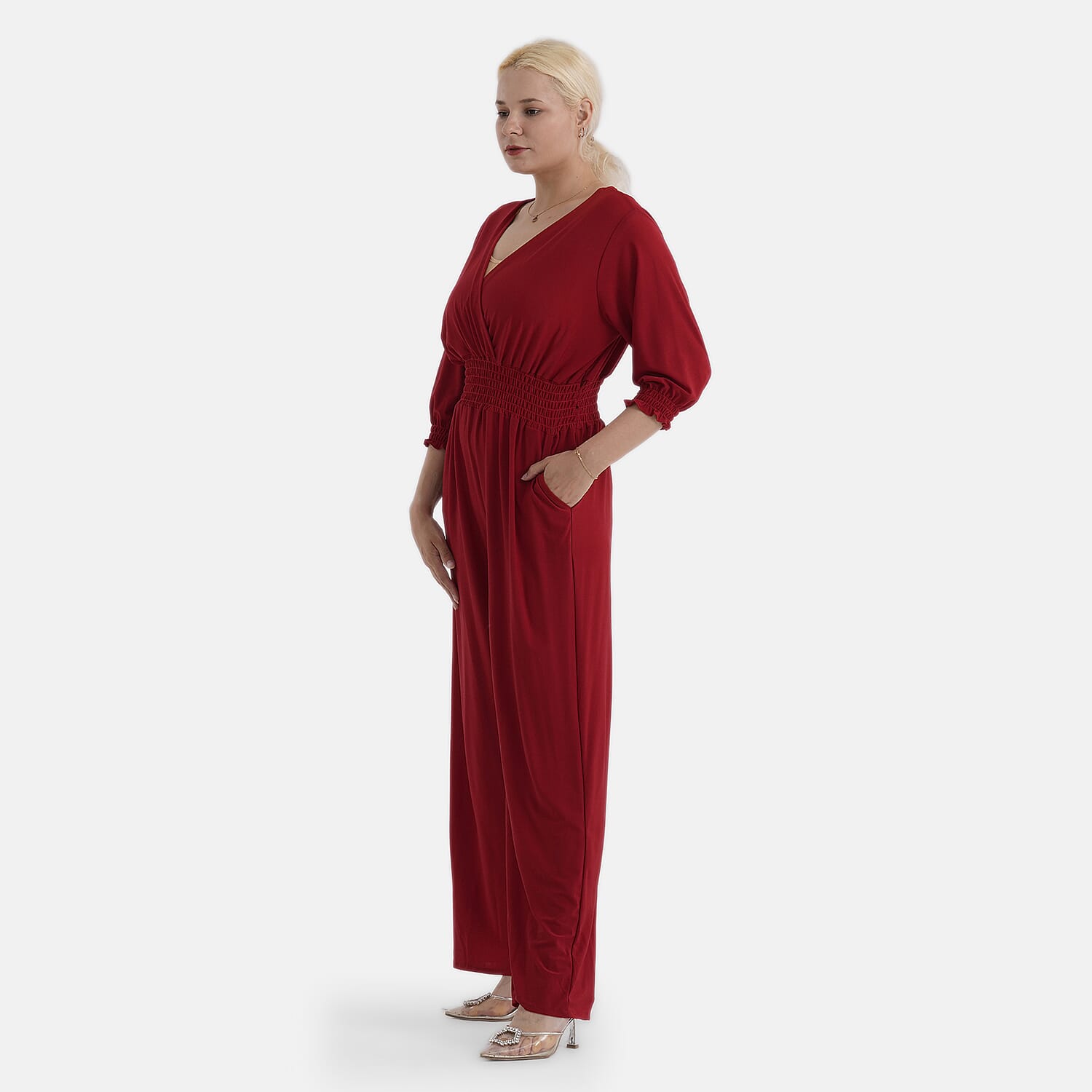 La Marey Red Smocked Waist Jumpsuit with 3/4 Length Sleeve - One Size Plus