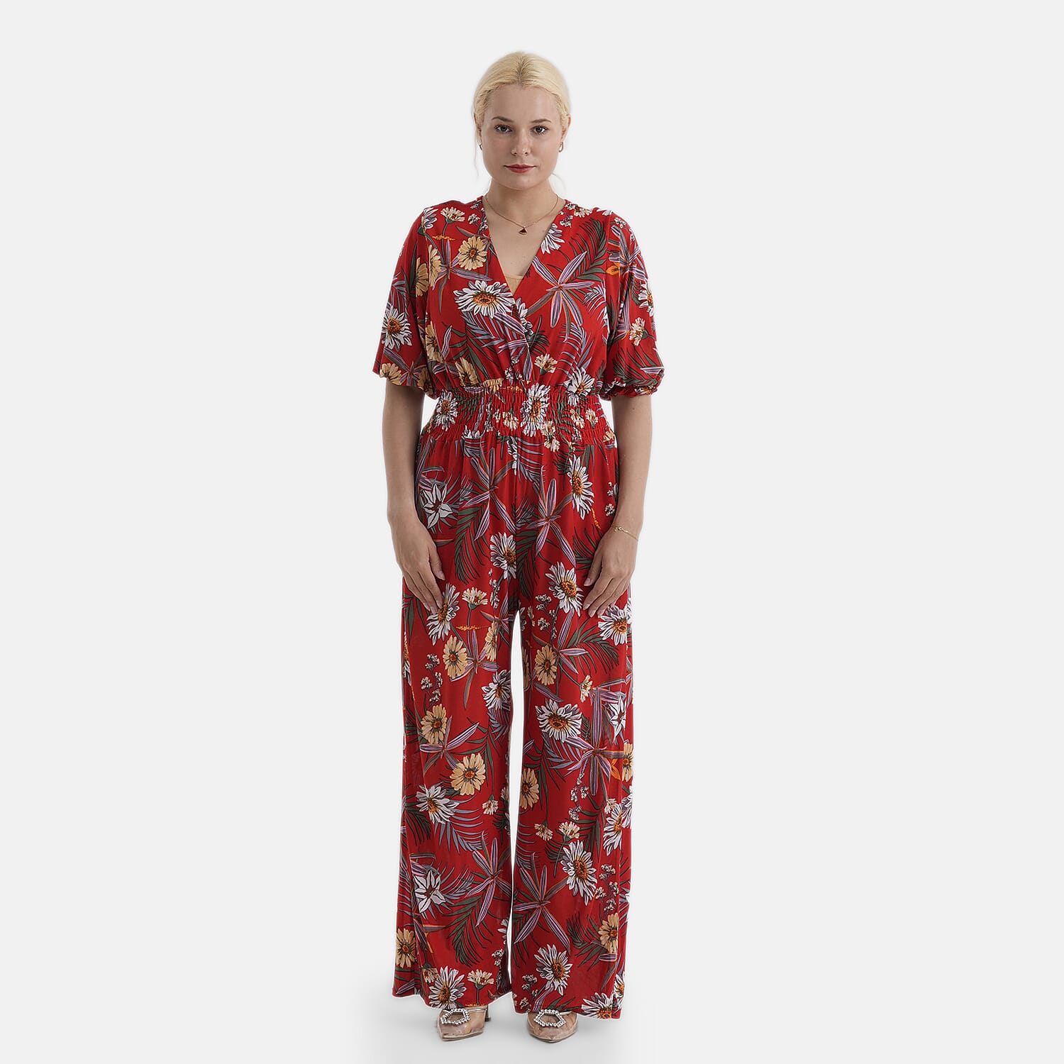La Marey Red Smocked Waist Jumpsuit with 3/4 Length Sleeve - One Size Missy