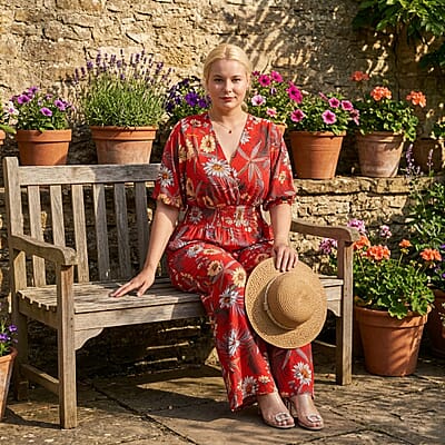 La Marey Red Smocked Waist Jumpsuit with 3/4 Length Sleeve - One Size Missy