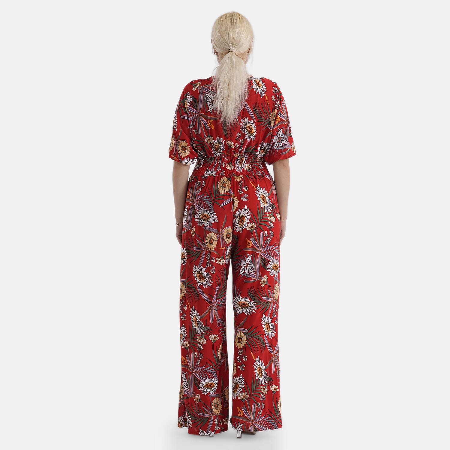 La Marey Red Smocked Waist Jumpsuit with 3/4 Length Sleeve - One Size Missy