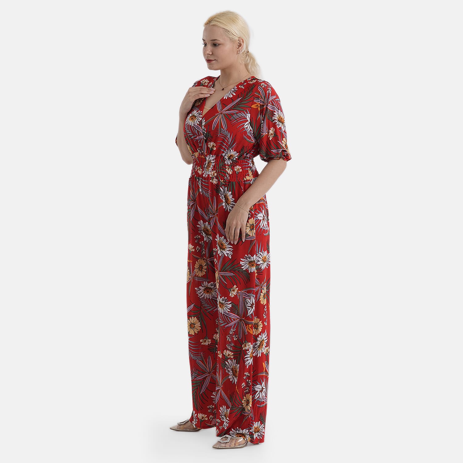 La Marey Red Smocked Waist Jumpsuit with 3/4 Length Sleeve - One Size Missy