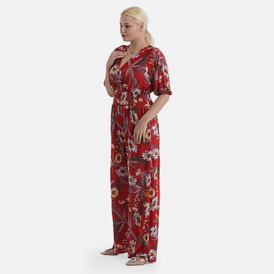 La Marey Red Smocked Waist Jumpsuit with 3/4 Length Sleeve - One Size Missy