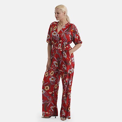 La Marey Red Smocked Waist Jumpsuit with 3/4 Length Sleeve - One Size Missy
