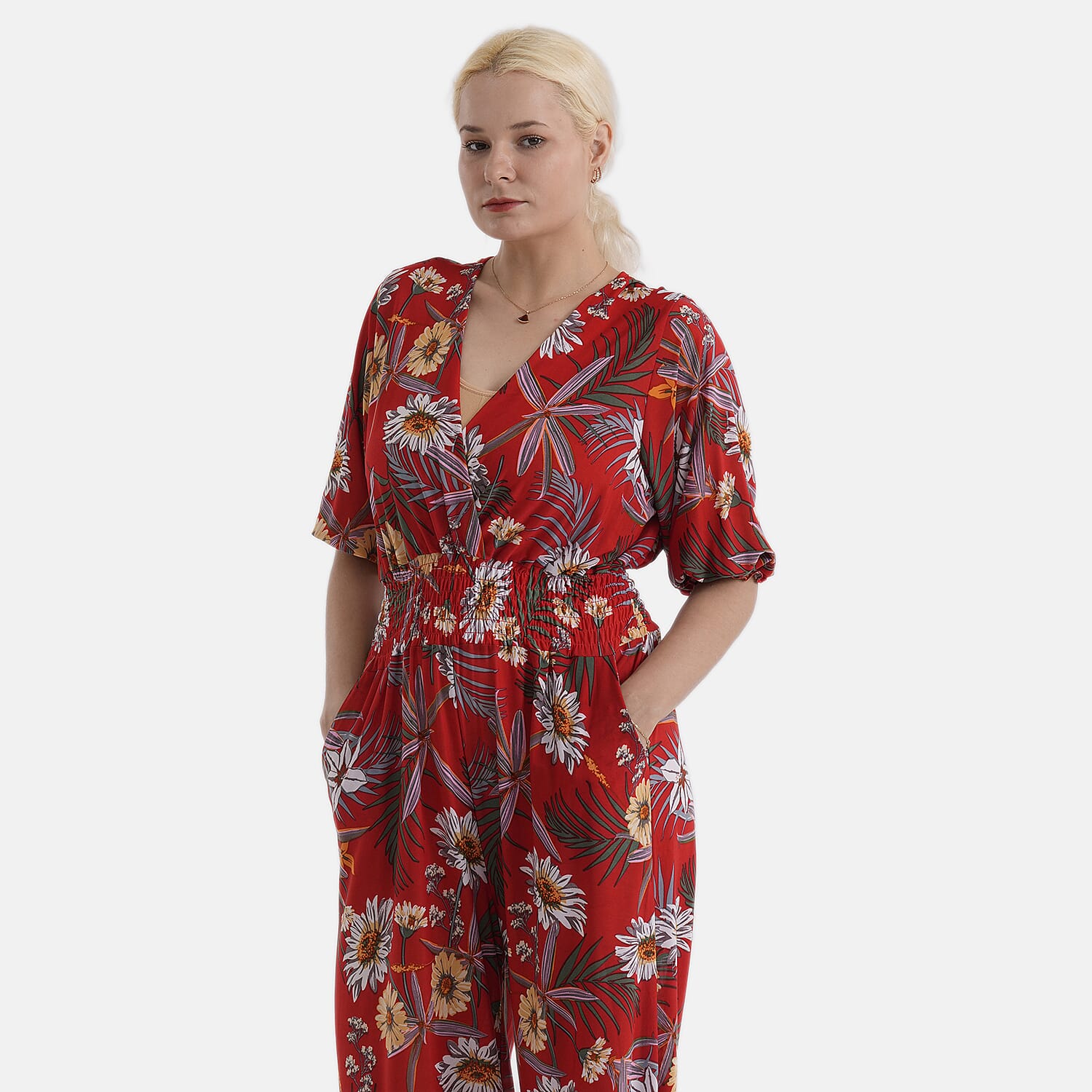 La Marey Red Smocked Waist Jumpsuit with 3/4 Length Sleeve - One Size Missy