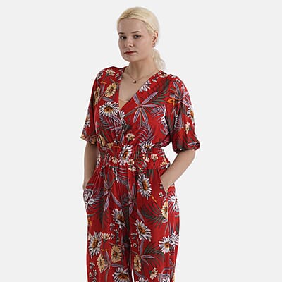 La Marey Red Smocked Waist Jumpsuit with 3/4 Length Sleeve - One Size Missy