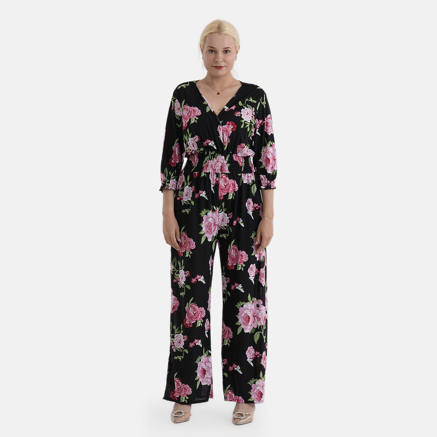 La Marey Pink Smocked Waist Jumpsuit with 3/4 Length Sleeve - One Size Missy