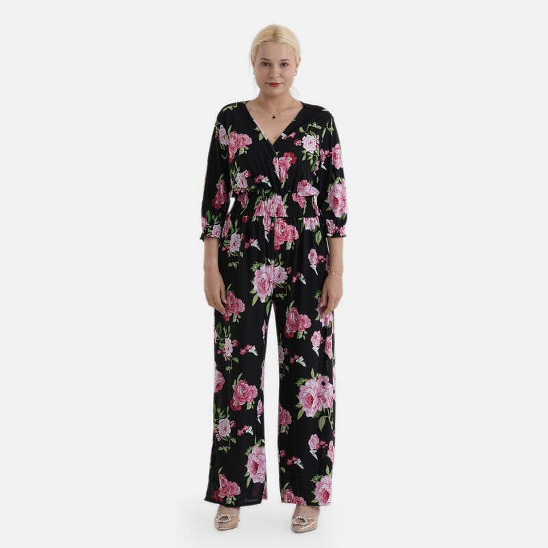 La Marey Pink Smocked Waist Jumpsuit with 3/4 Length Sleeve - One Size Missy