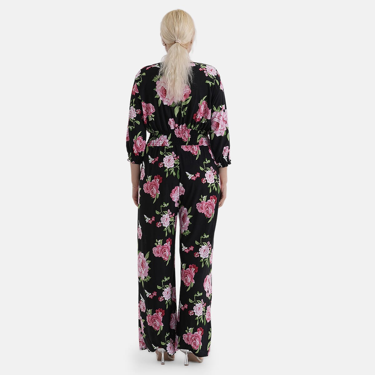 La Marey Pink Smocked Waist Jumpsuit with 3/4 Length Sleeve - One Size Missy image number 2