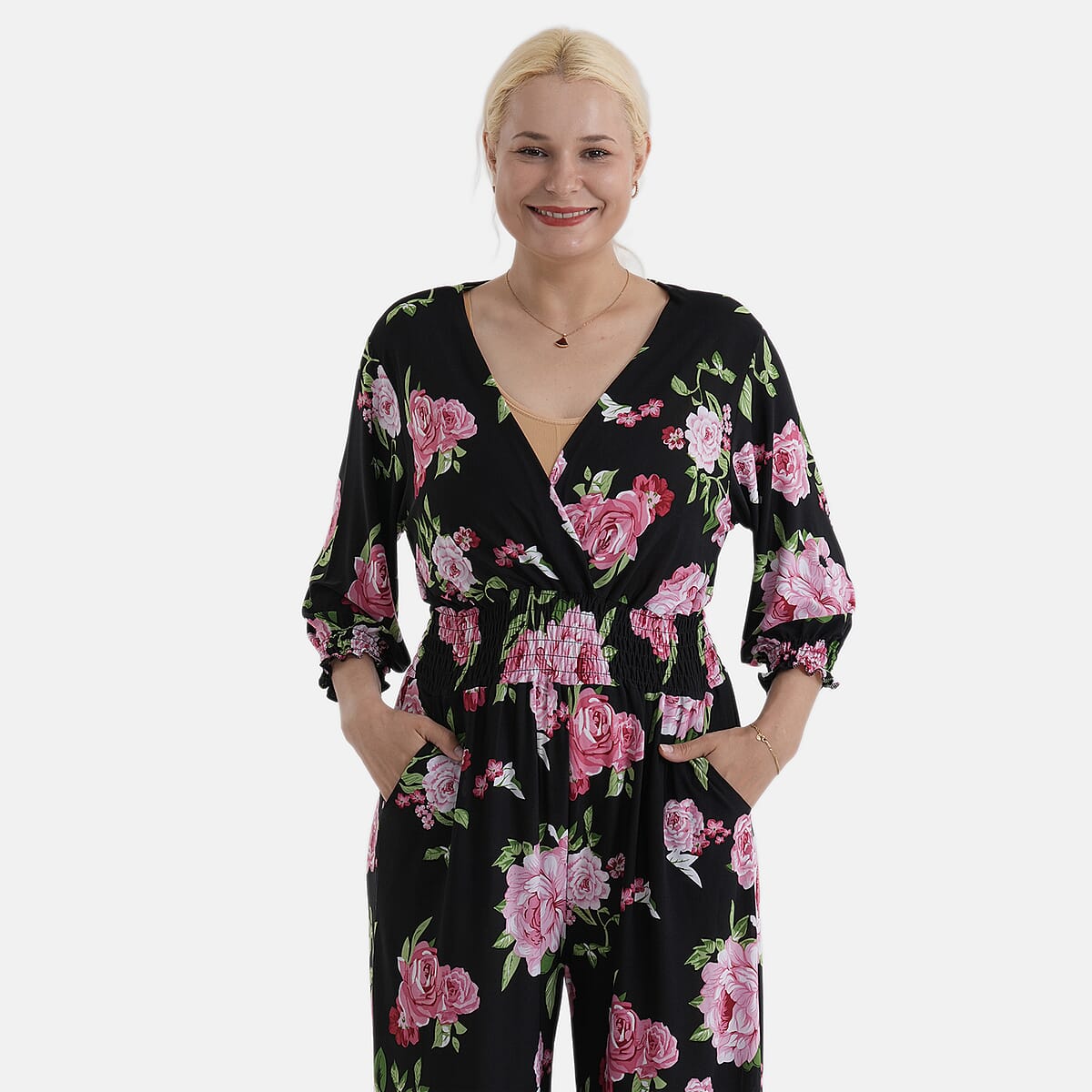 La Marey Pink Smocked Waist Jumpsuit with 3/4 Length Sleeve - One Size Missy image number 5
