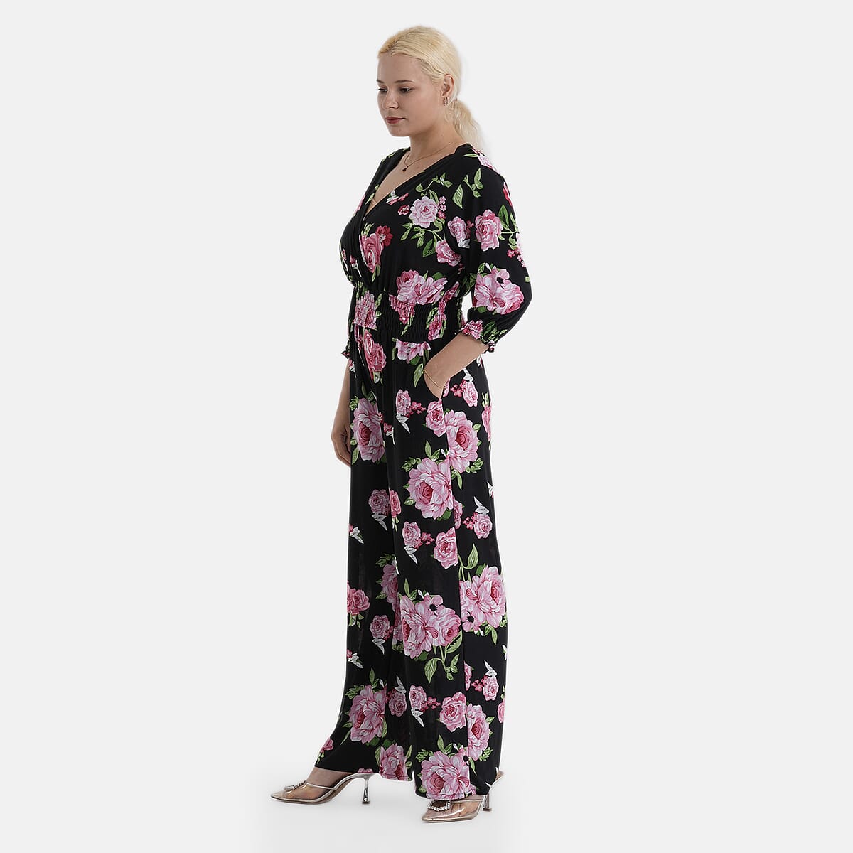 La Marey Pink Smocked Waist Jumpsuit with 3/4 Length Sleeve - One Size Plus image number 3