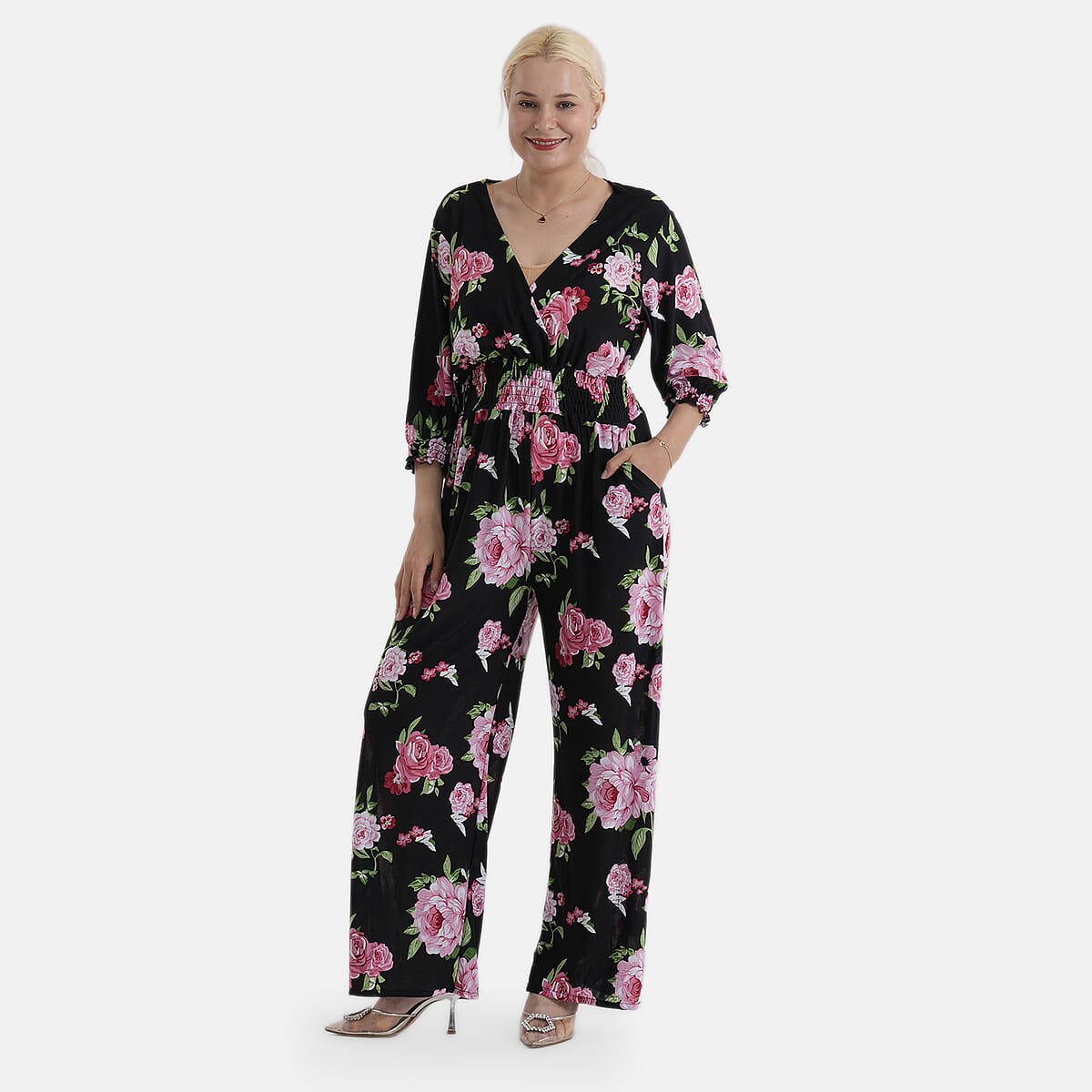 La Marey Pink Smocked Waist Jumpsuit with 3/4 Length Sleeve - One Size Plus image number 4